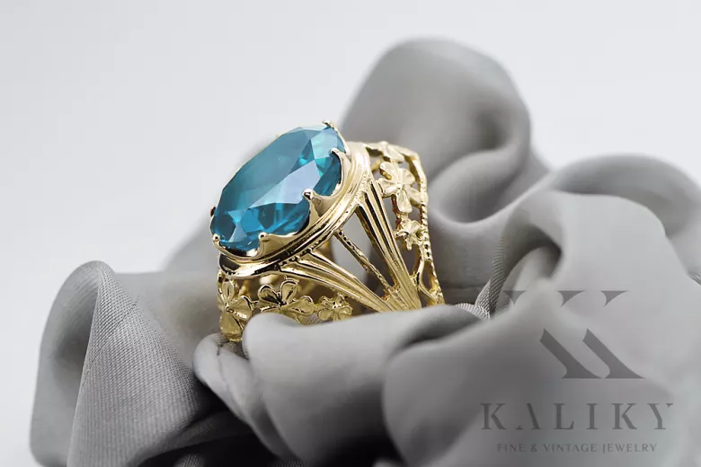 Aquamarine 8K жълто злато Пръстен Винтидж крафт vrc031x-aq Art Deco Руски стил СССР, съветски